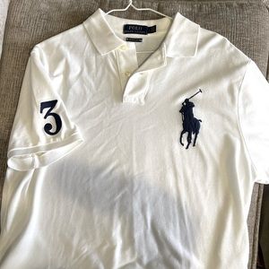 White Polo with Blue oversized Pony Logo